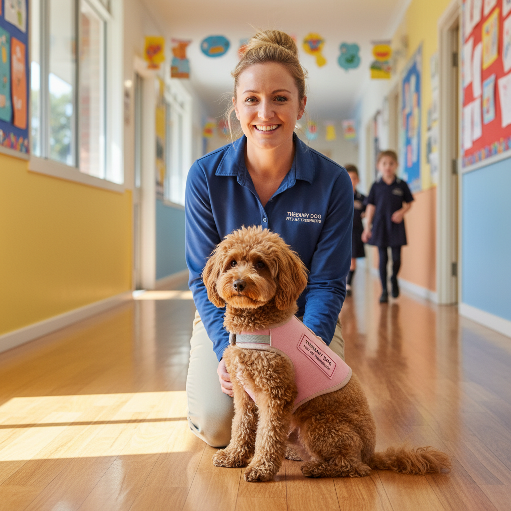 Pawsome Therapy Dogs handler with therapy poodle at school