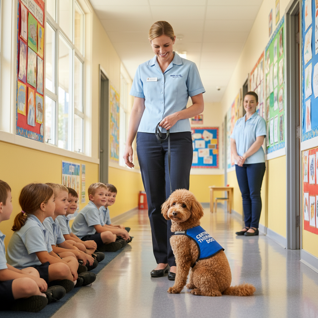 Therapy poodle visiting children at school